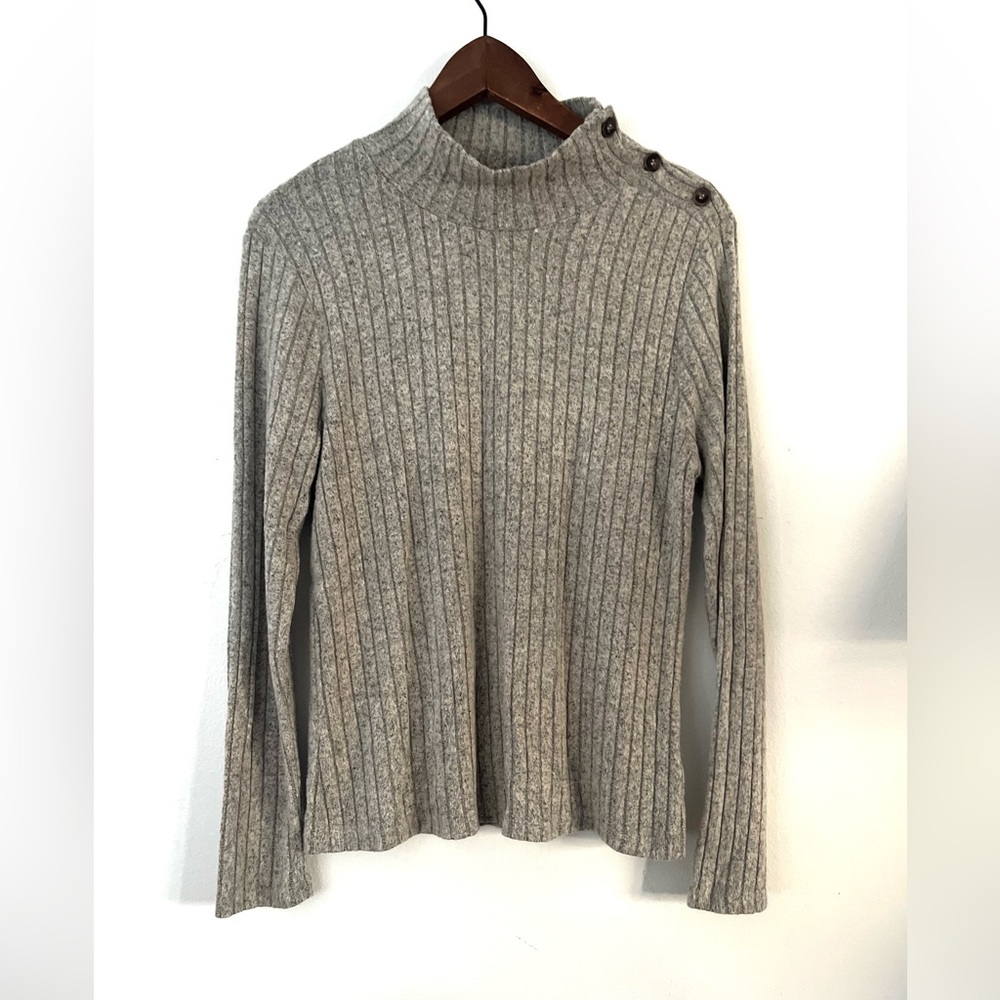 Lush Mock Neck with Button Details and Fuzzy Texture Knit Sweater Tan Size L